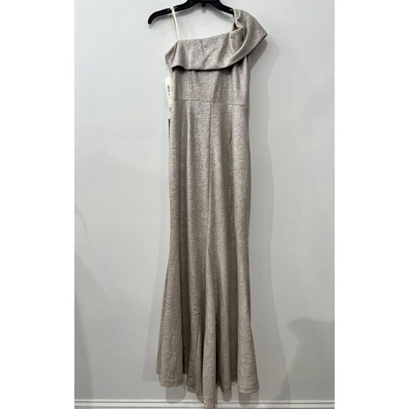 New Eliza J Size 10 One-Shoulder Glitter Mermaid Gown ruching, train Back Beige - Picture 11 of 15